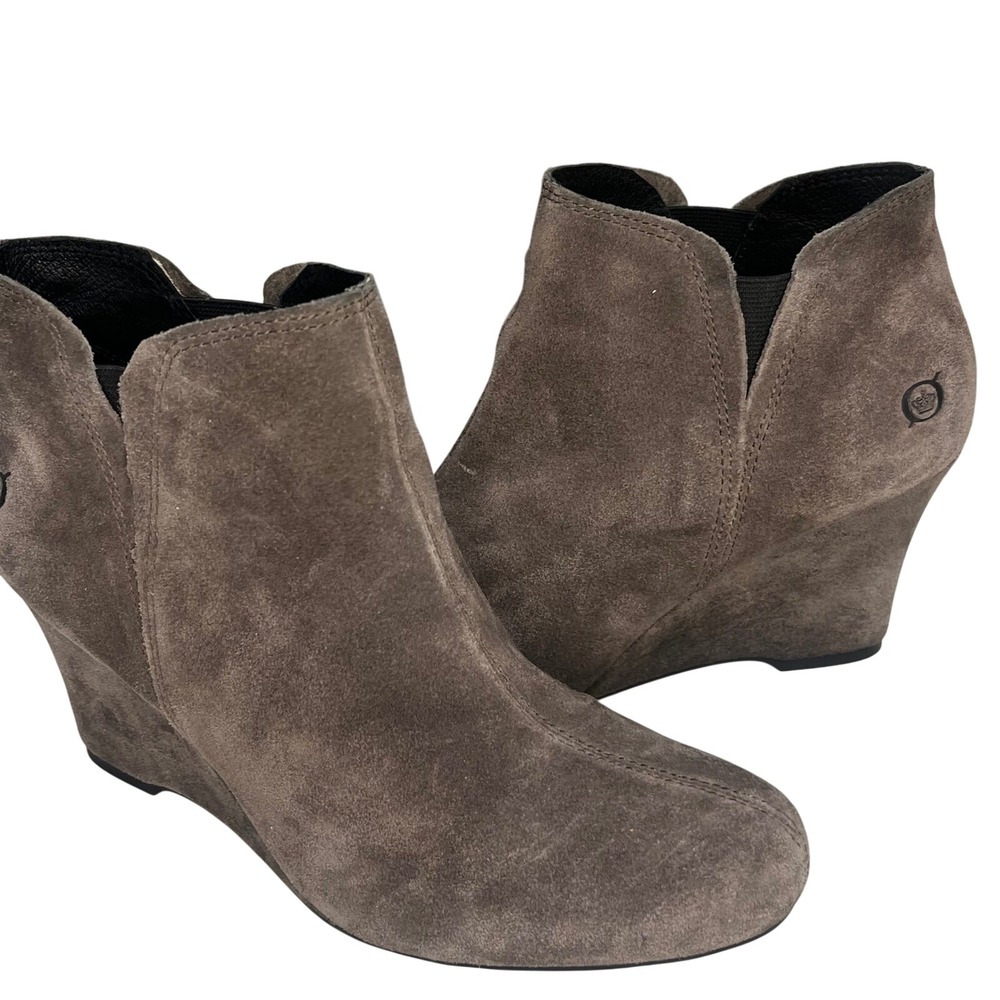 BORN Crown Faylan Women's 8 M Wedge Ankle Boot Gray brown‎ Suede Leather Slip-On